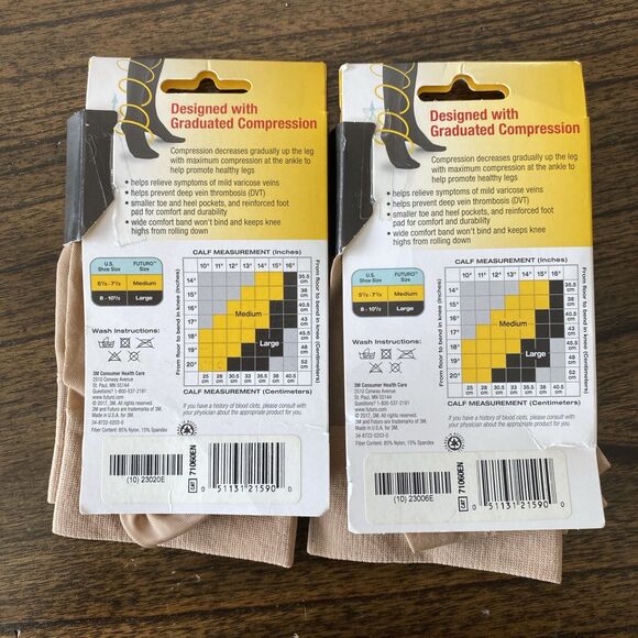 3M Futuro Large Women's Ultra Sheer Knee High Compression Socks Moderate 2 pack - Picture 2 of 2